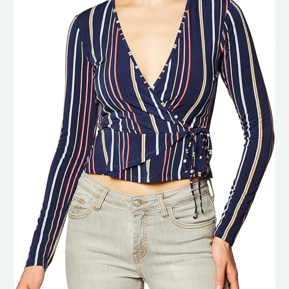 BCBGeneration Wrap Tie Front Blouse in Blue and Pink